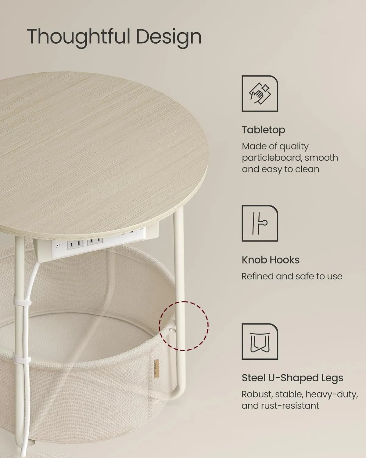 VASAGLE Side Table with Charging Station, Round End Table with Fabric Basket, Nightstand with Power Outlets, USB Ports, for Living Room, Bedroom, Modern, Cream White ULET228N01