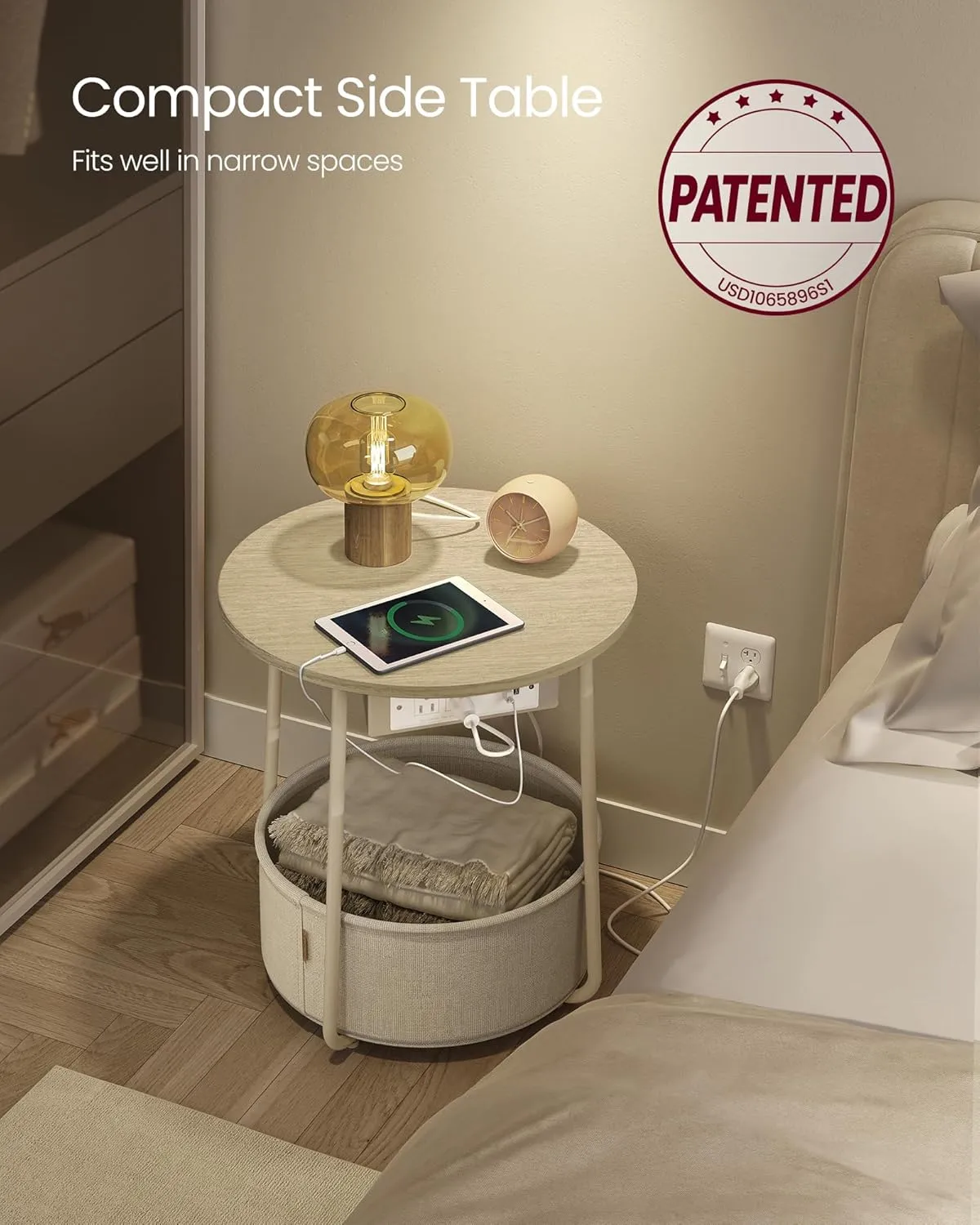 VASAGLE Side Table with Charging Station, Round End Table with Fabric Basket, Nightstand with Power Outlets, USB Ports, for Living Room, Bedroom, Modern, Cream White ULET228N01