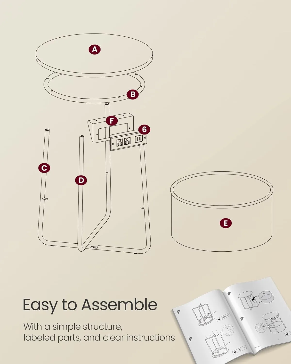 VASAGLE Side Table with Charging Station, Round End Table with Fabric Basket, Nightstand with Power Outlets, USB Ports, for Living Room, Bedroom, Modern, Cream White ULET228N01