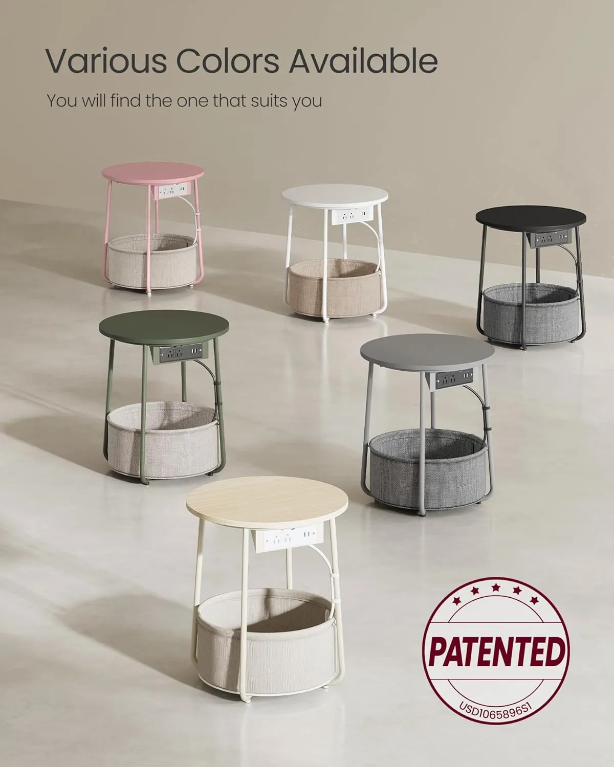 VASAGLE Side Table with Charging Station, Round End Table with Fabric Basket, Nightstand with Power Outlets, USB Ports, for Living Room, Bedroom, Modern, Cream White ULET228N01