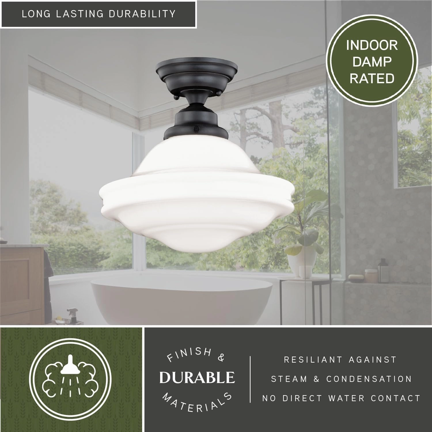 VAXCEL Huntley 12 Inch Schoolhouse Semi Flush Light, Oil Rubbed Bronze Finish, White Milk Glass, Dimmable Ceiling Mounted Lighting