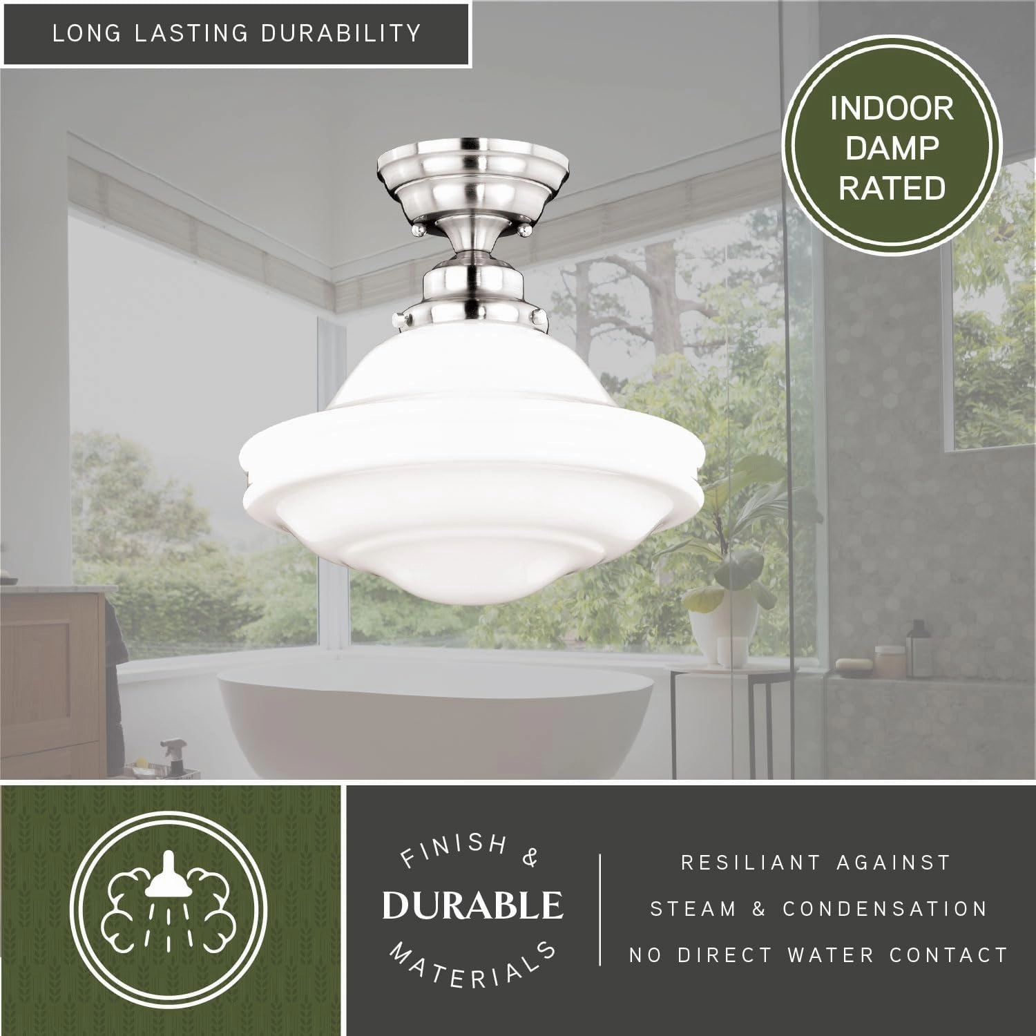 VAXCEL Huntley 12 Inch Schoolhouse Semi Flush Light, Satin Nickel Finish, White Milk Glass, Dimmable Ceiling Mounted Lighting