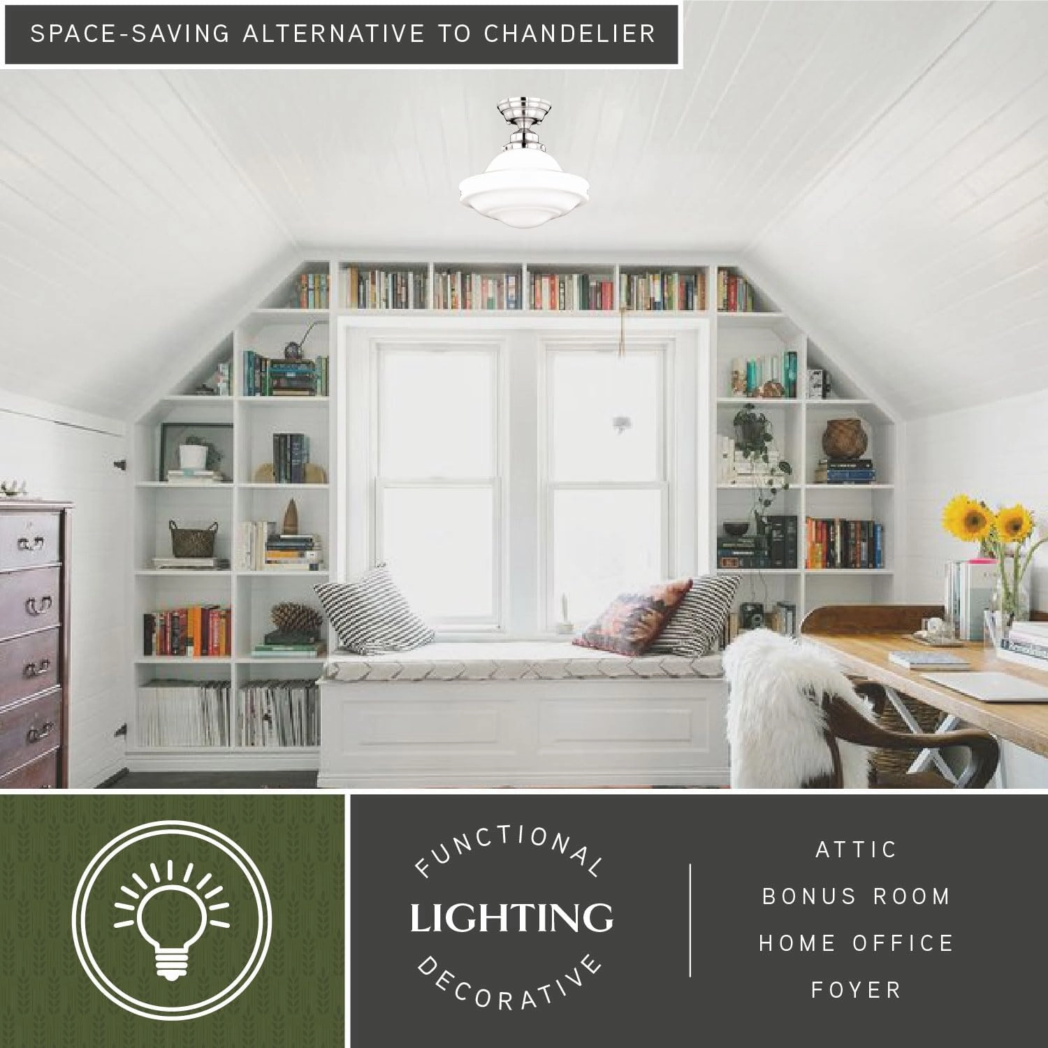 VAXCEL Huntley 12 Inch Schoolhouse Semi Flush Light, Satin Nickel Finish, White Milk Glass, Dimmable Ceiling Mounted Lighting
