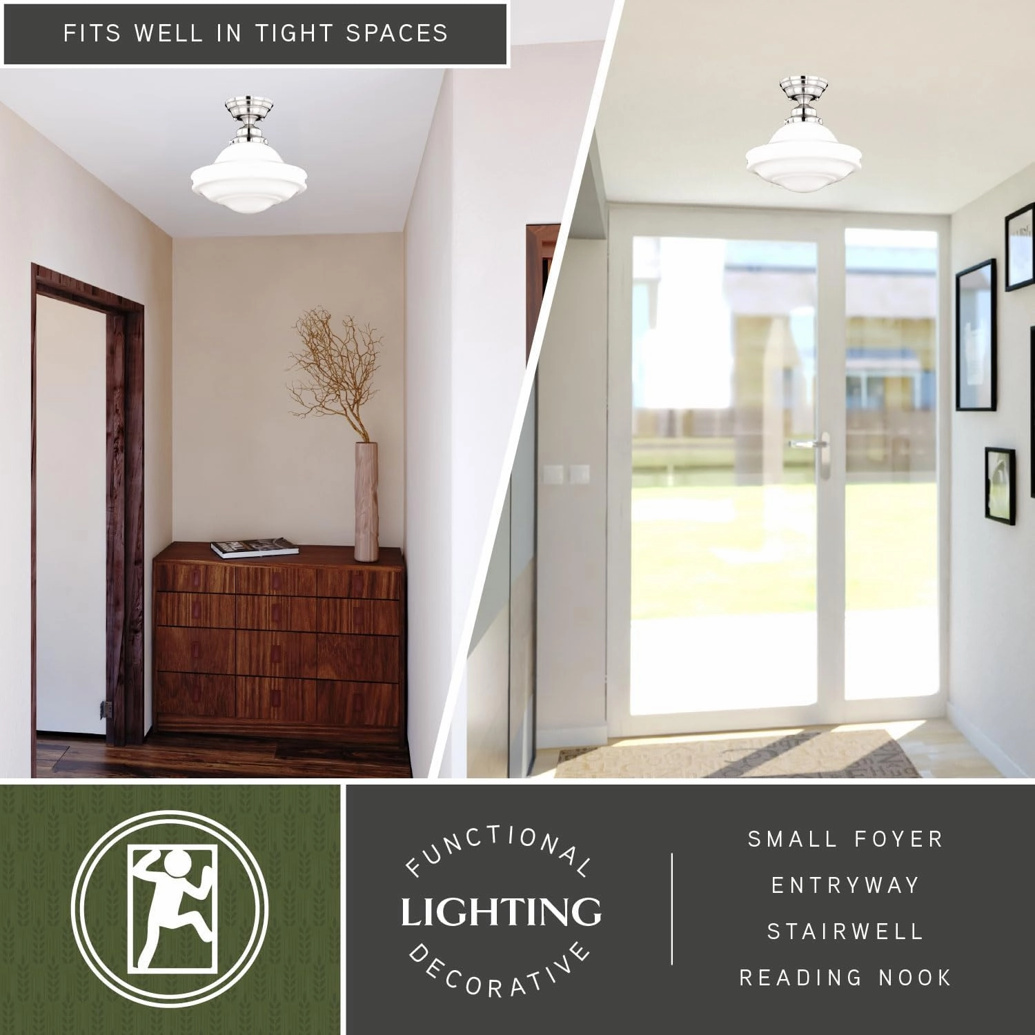 VAXCEL Huntley 12 Inch Schoolhouse Semi Flush Light, Satin Nickel Finish, White Milk Glass, Dimmable Ceiling Mounted Lighting