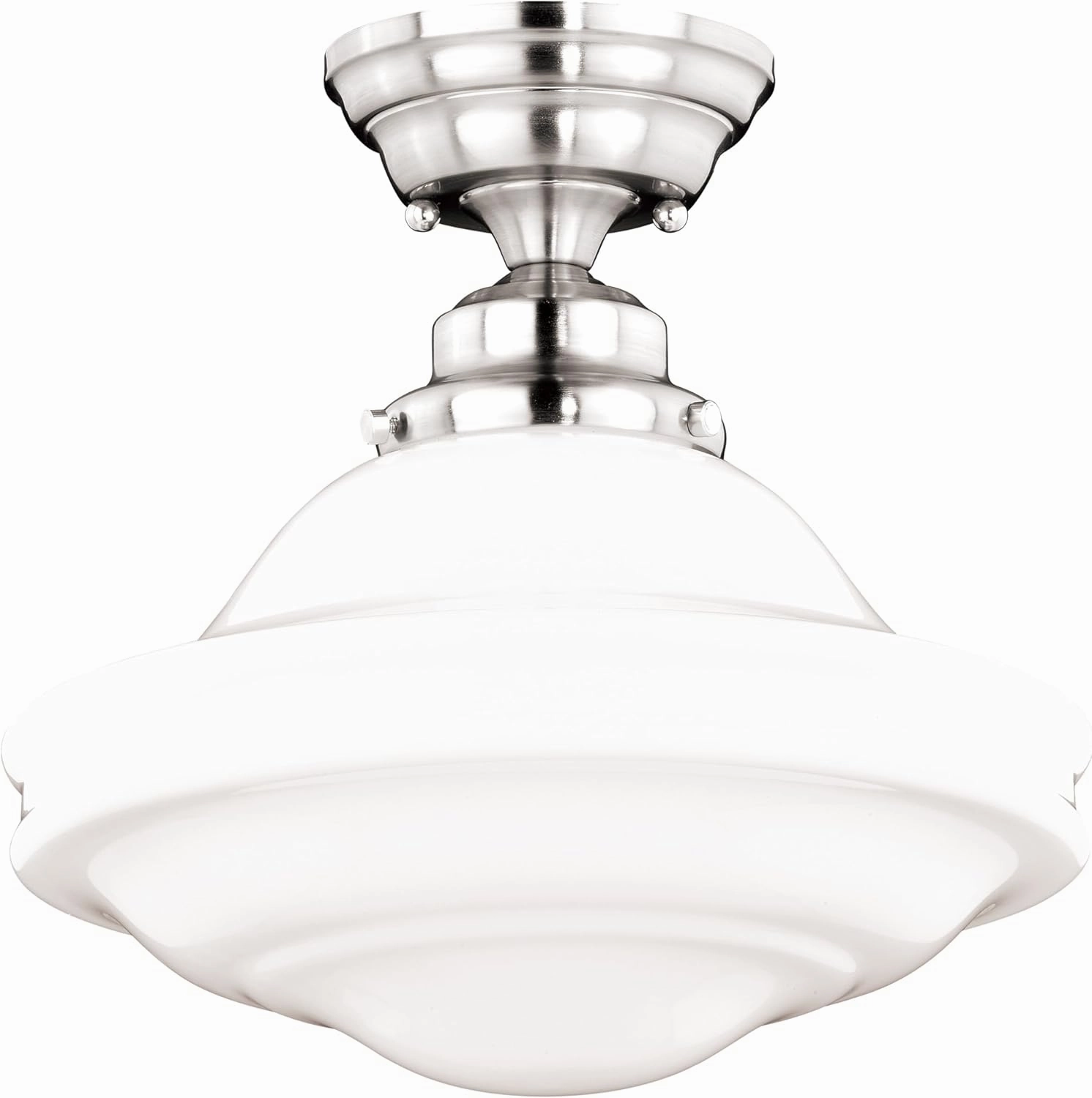 VAXCEL Huntley 12 Inch Schoolhouse Semi Flush Light, Satin Nickel Finish, White Milk Glass, Dimmable Ceiling Mounted Lighting