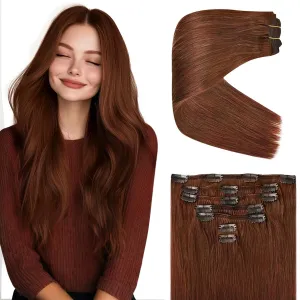 Ve Sunny Clip in Hair Extensions Human Hair Auburn Clip in Extensions Red Auburn Real Hair Extensions Clip in Human Hair Dark Auburn for Party Cosplay Add Volume Bold Color 5pcs 80g 12inch