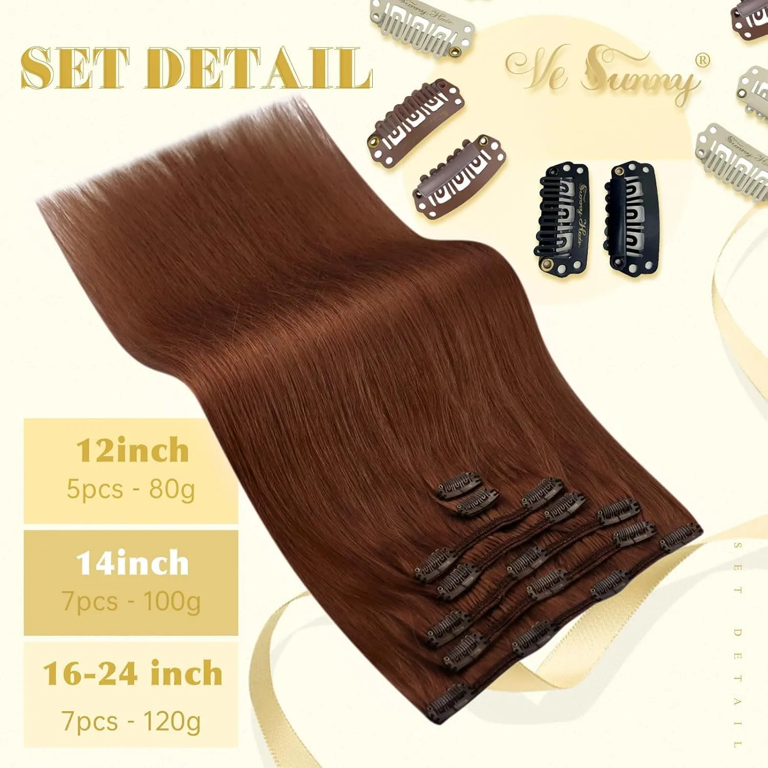 Ve Sunny Clip in Hair Extensions Human Hair Auburn Clip in Extensions Red Auburn Real Hair Extensions Clip in Human Hair Dark Auburn for Party Cosplay Add Volume Bold Color 5pcs 80g 12inch