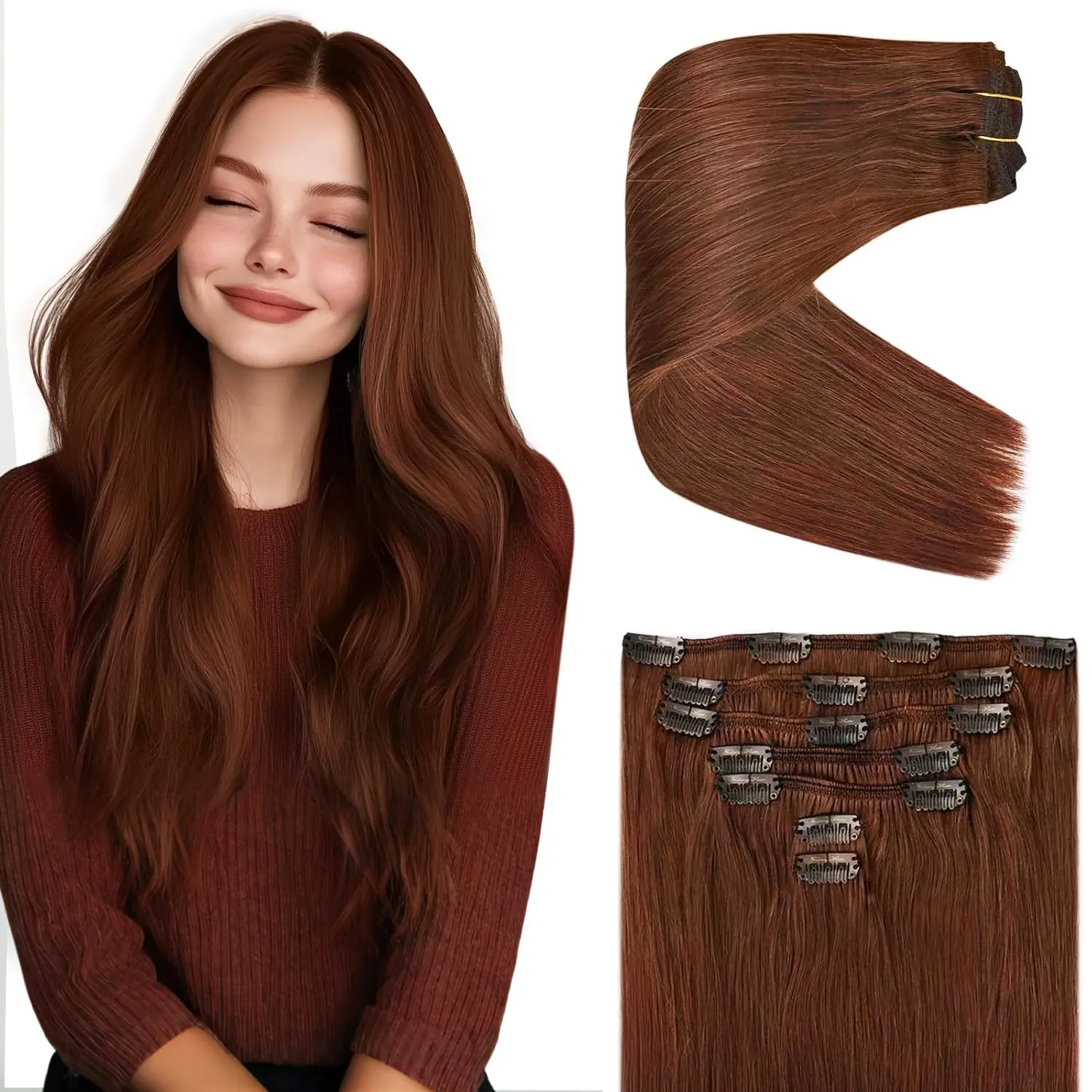 Ve Sunny Clip in Hair Extensions Human Hair Auburn Clip in Extensions Red Auburn Real Hair Extensions Clip in Human Hair Dark Auburn for Party Cosplay Add Volume Bold Color 5pcs 80g 12inch