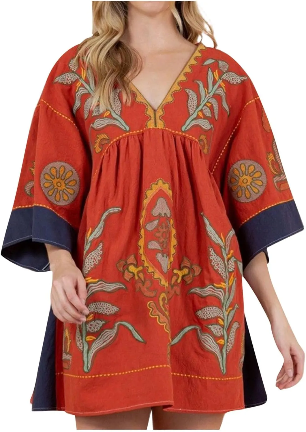 Vestidos Casuales para Mujer Womens Boho Mini Dress 2024 Fall 3/4 Sleeve V Neck Vintage Print Babydoll Dresses