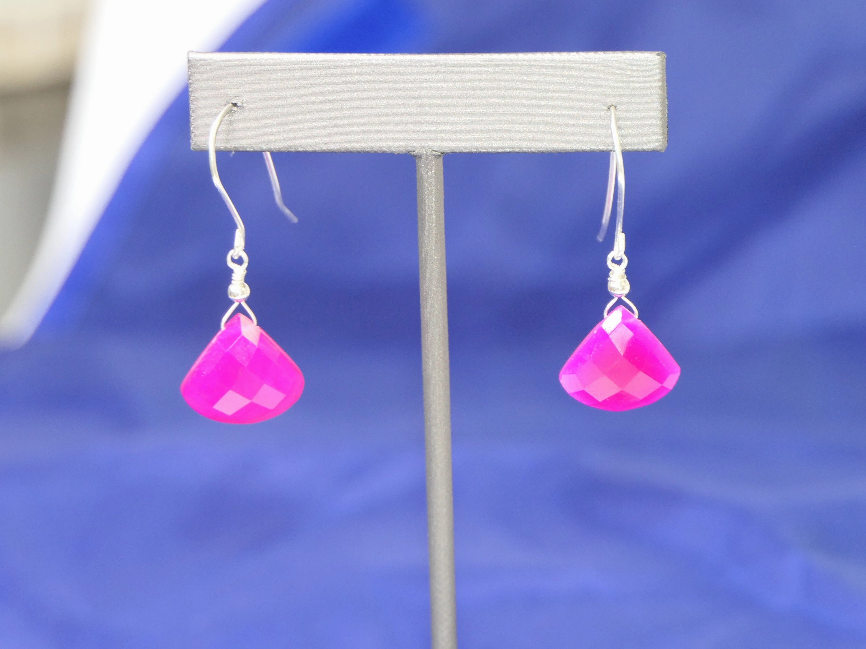 Vibrant Fuchsia Chalcedony Teardrop Gemstone Earrings Statement Jewelry