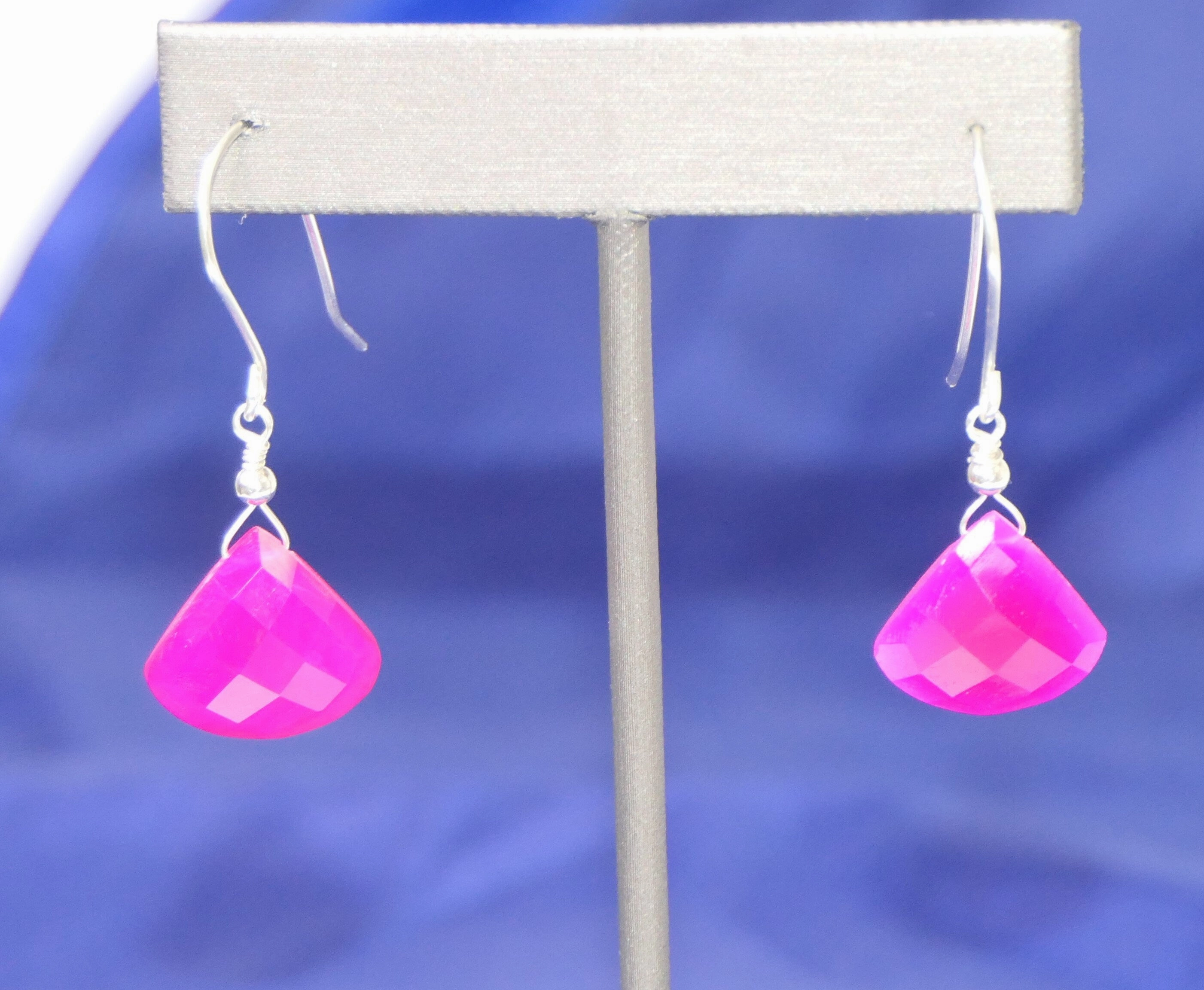 Vibrant Fuchsia Chalcedony Teardrop Gemstone Earrings Statement Jewelry