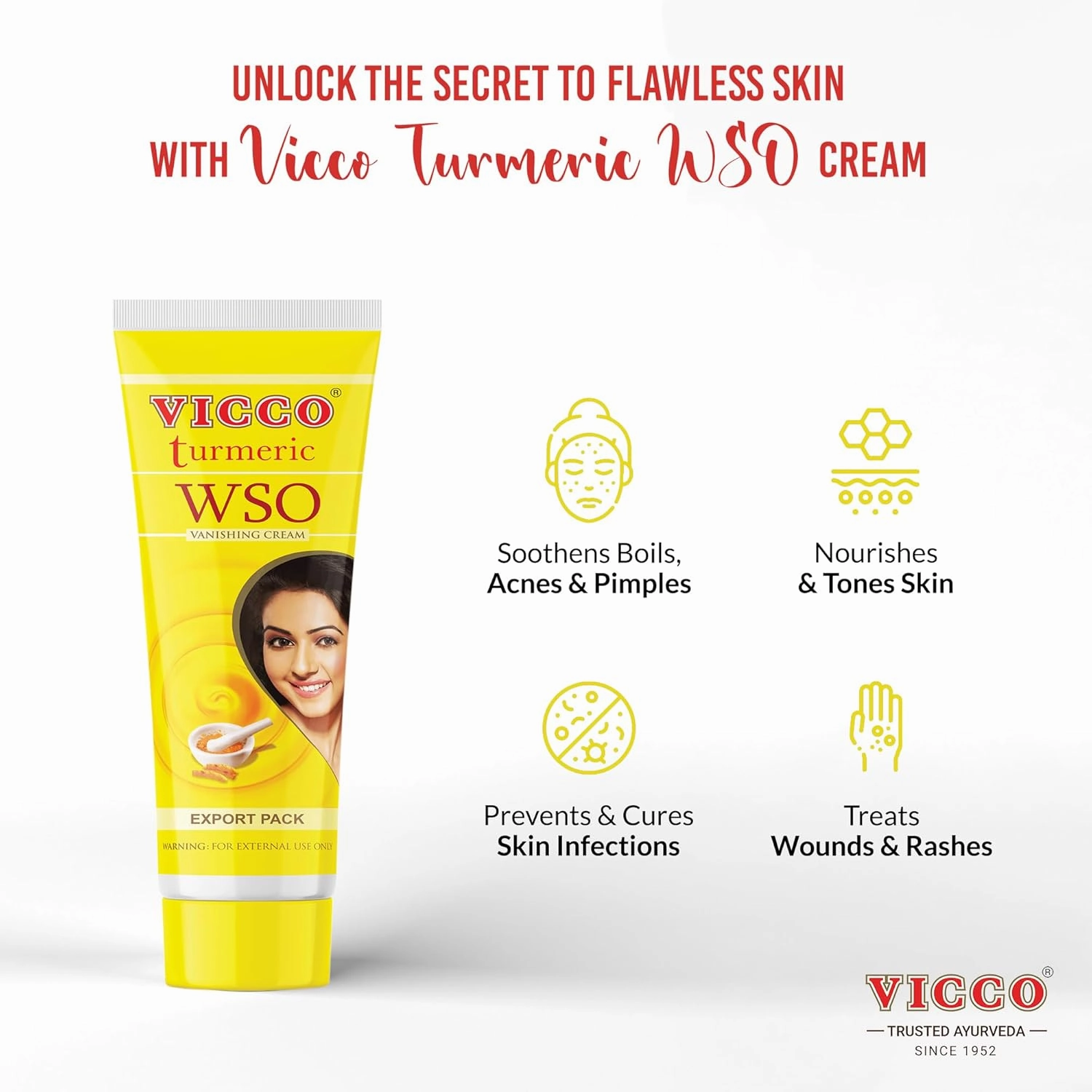 Vicco Turmeric WSO Face Moisturizer Cream 70 Year Legacy of Ayurveda, Hydrating with Natural Turmeric for Clear, Radiant Skin, Vegan, 100% Natural - 2.82 oz (3 Pack)