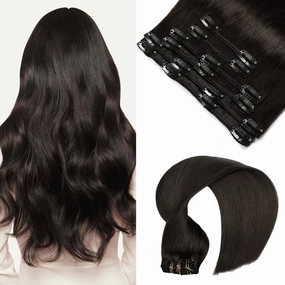 VINBAO Human Hair Extensions Clip in Human Hair Extensions Off Black 16 Inch 100g 6pcs Clip in Hair Extensions Thick Remy Hair Extensions (#1B,16'')
