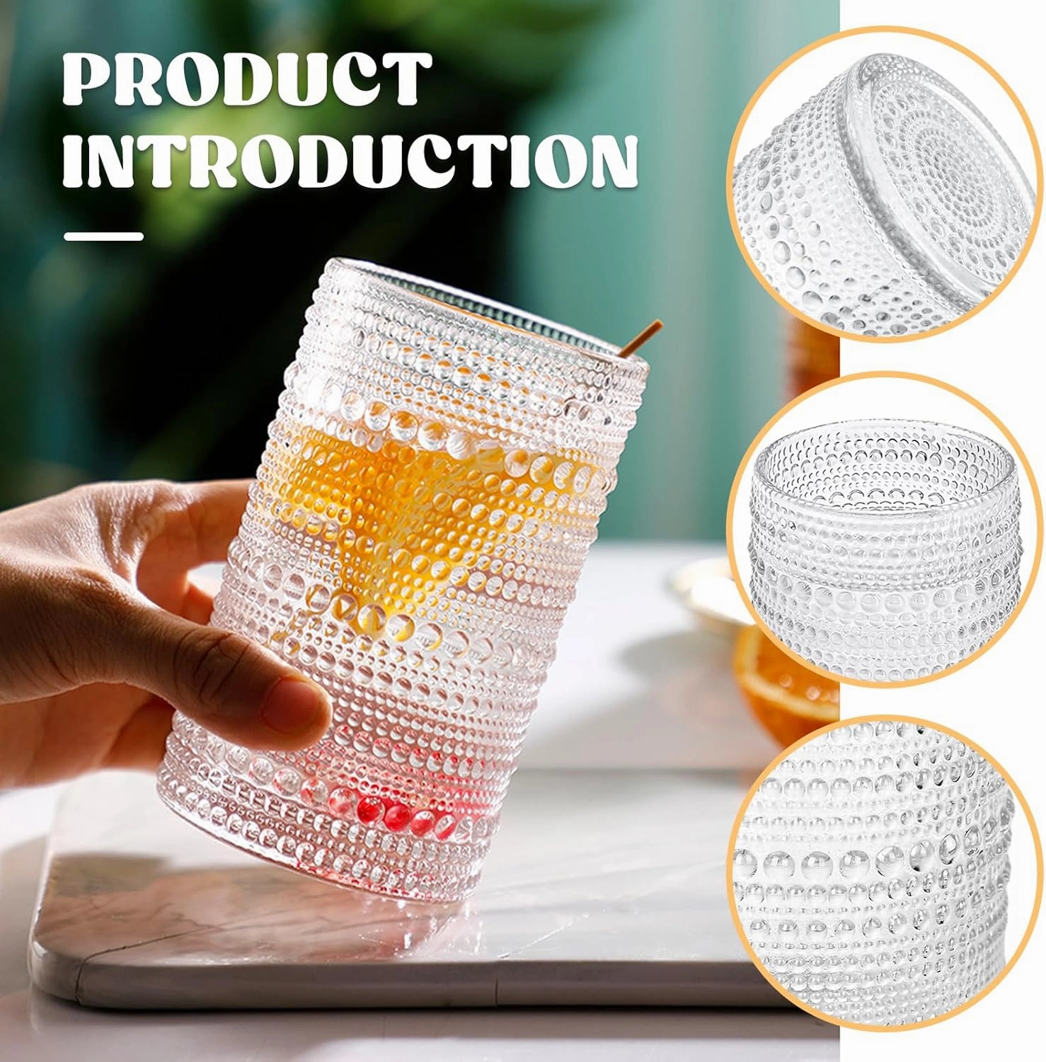 Vintage Drinking Glasses Glassware: 15oz Water Cups Set of 6 - Thick Glass Vintage Hobnail Tumbler for Cocktail Whiskey Wine Beer Juice (6pcs Clear)