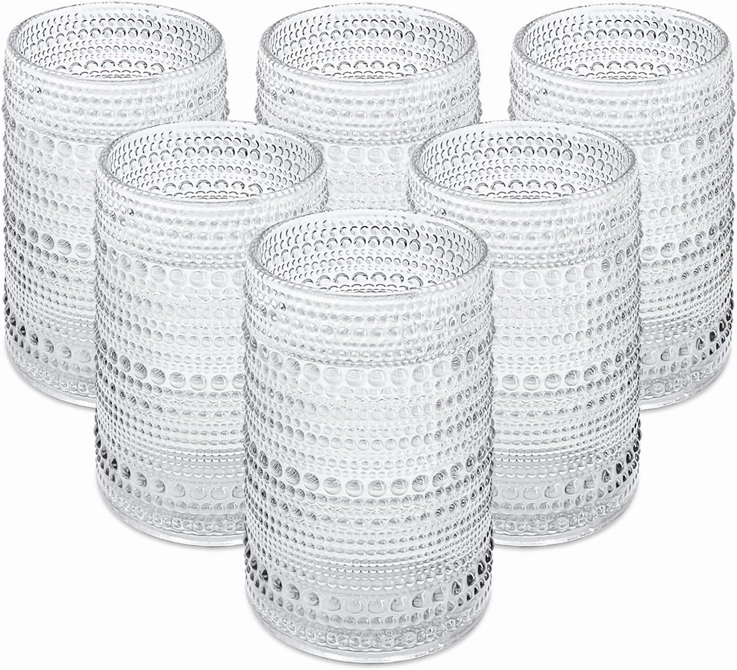 Vintage Drinking Glasses Glassware: 15oz Water Cups Set of 6 - Thick Glass Vintage Hobnail Tumbler for Cocktail Whiskey Wine Beer Juice (6pcs Clear)