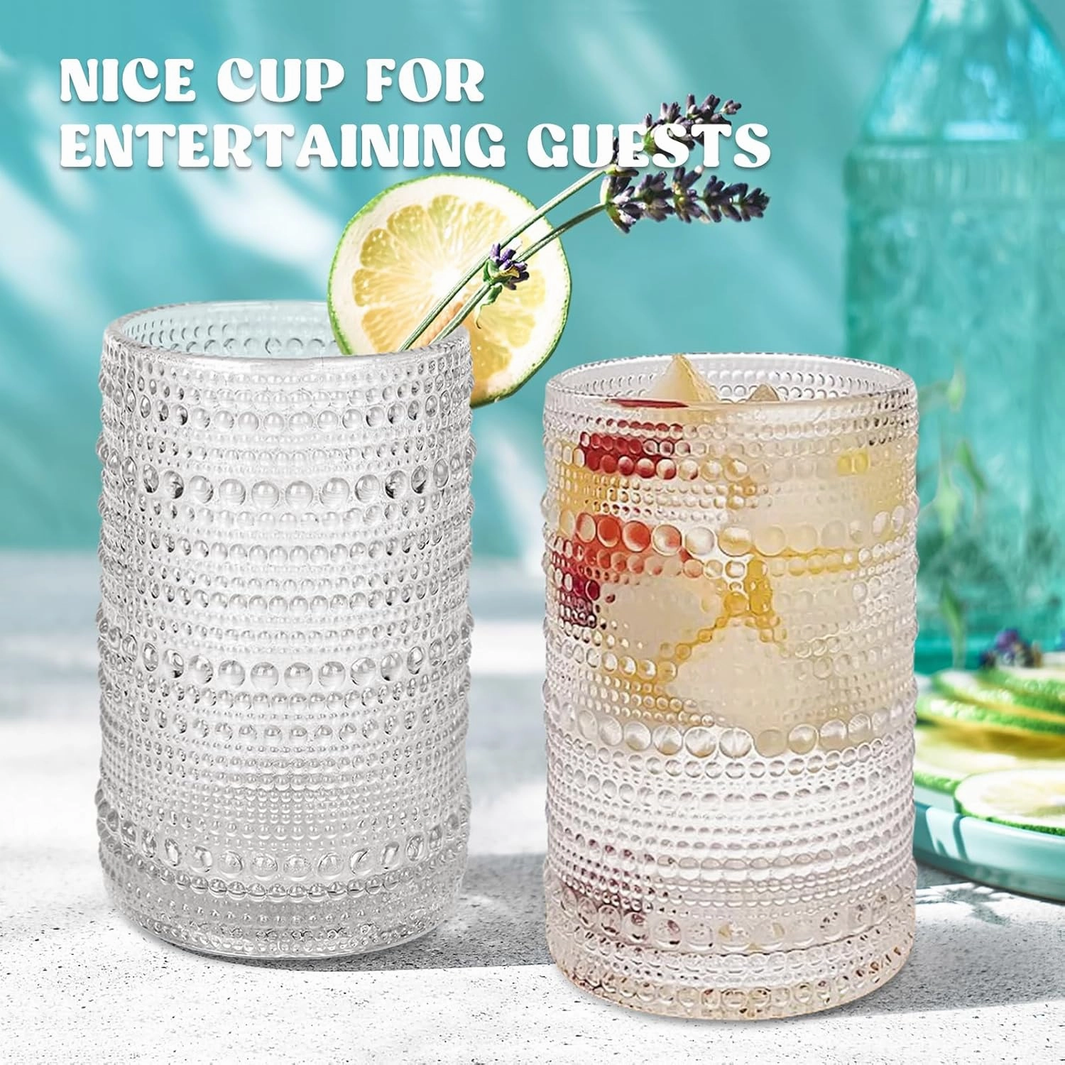 Vintage Drinking Glasses Glassware: 15oz Water Cups Set of 6 - Thick Glass Vintage Hobnail Tumbler for Cocktail Whiskey Wine Beer Juice (6pcs Clear)
