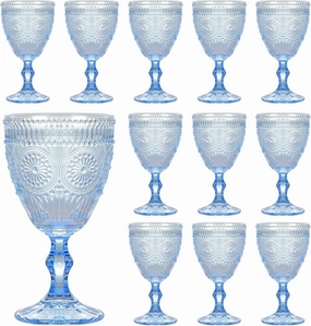 Vintage Wine Glasses Set of 12, 10 oz Glass Goblets Wine Glassware, Romantic Wedding Glass Set, Embossed Drinking Stemware Beverage Cups for Wedding Party Bar, Blue
