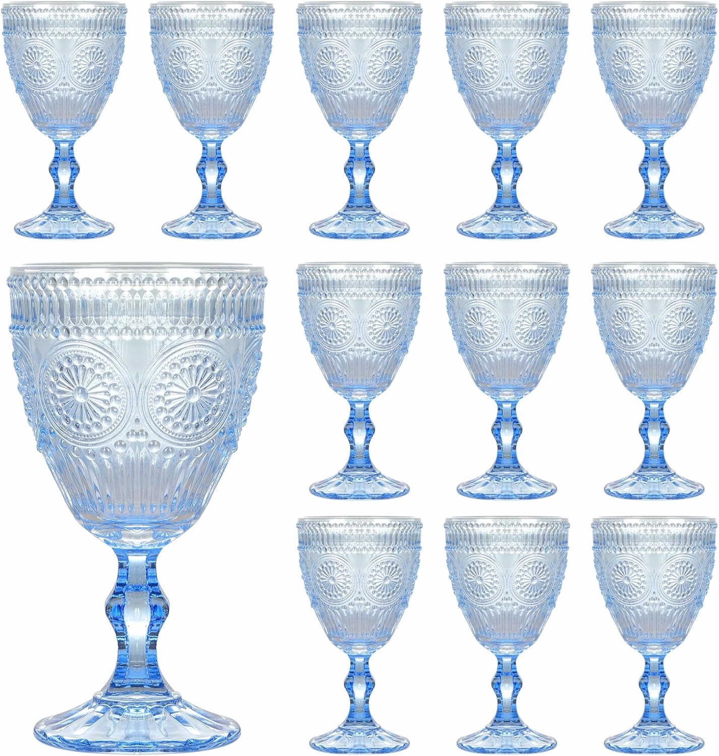 Vintage Wine Glasses Set of 12, 10 oz Glass Goblets Wine Glassware, Romantic Wedding Glass Set, Embossed Drinking Stemware Beverage Cups for Wedding Party Bar, Blue