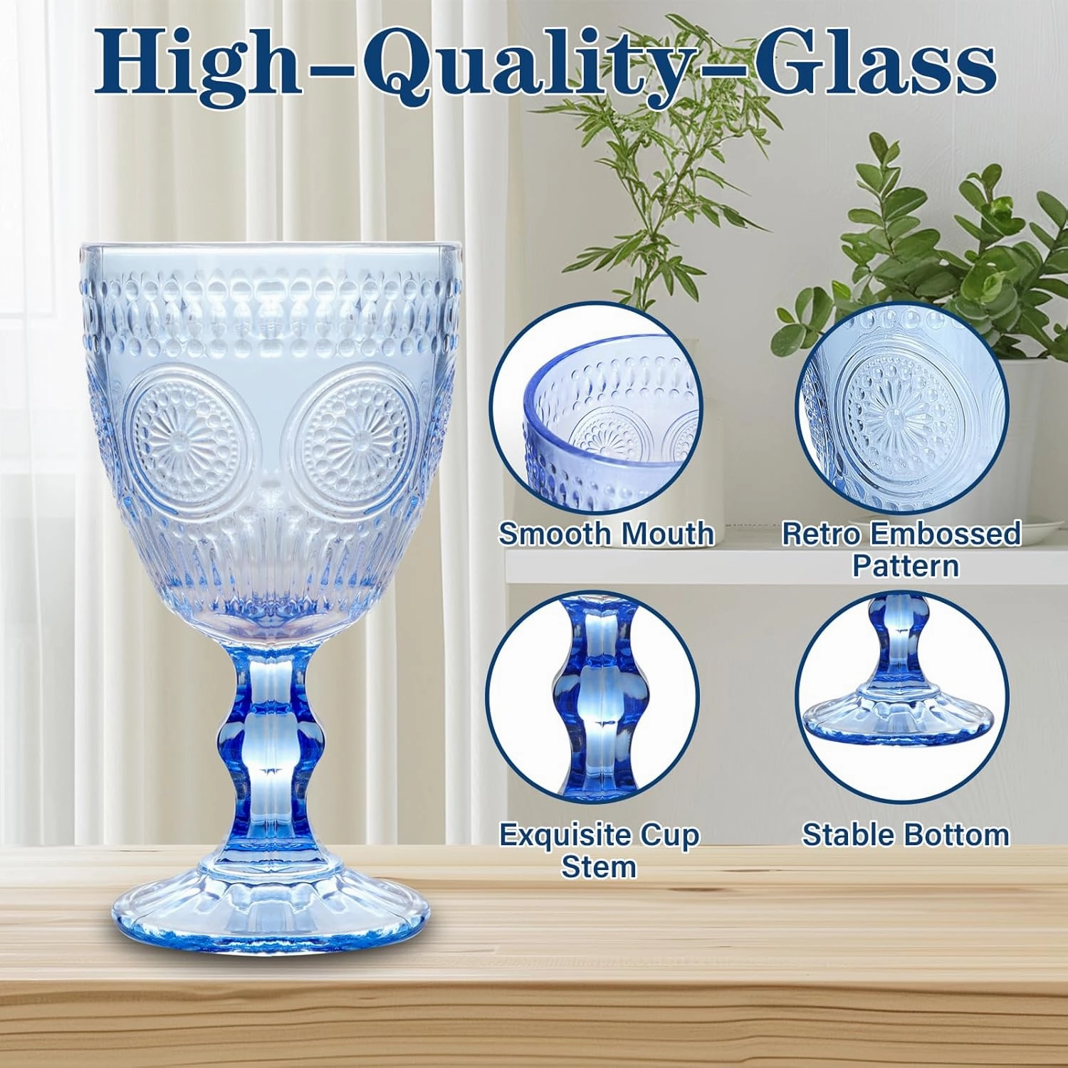 Vintage Wine Glasses Set of 12, 10 oz Glass Goblets Wine Glassware, Romantic Wedding Glass Set, Embossed Drinking Stemware Beverage Cups for Wedding Party Bar, Blue