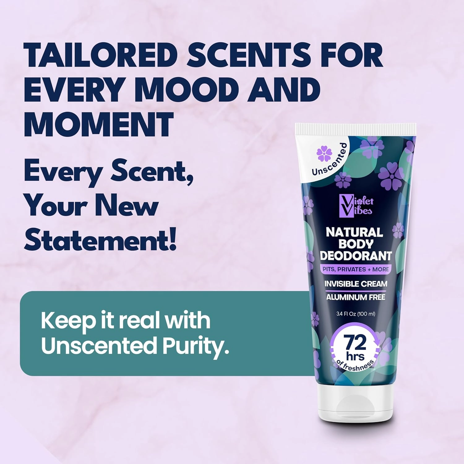 Violet Vibes Deodorant Cream for Women | Hypoallergenic & Gentle On Skin | Noni Leaf Extract, Aluminum-Free, Sensitive Skin, Fresh Odor Control for Whole Body 100mL (3.4 fl oz.) (Unscented)