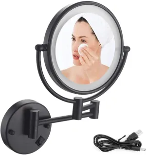 Wall Mounted Makeup Mirror Black, LED Lighted, 360° Swivel, USB Rechargeable, Double-Sided(7X)
