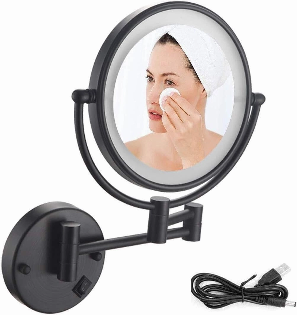Wall Mounted 8-Inch LED Lighted Makeup Mirror with 10X Magnification, 360° Swivel, USB Rechargeable, Matte Black Vanity Mirror for Bathroom(10X)