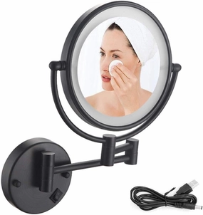 Wall Mounted 8-Inch LED Lighted Makeup Mirror with 10X Magnification, 360° Swivel, USB Rechargeable, Matte Black Vanity Mirror for Bathroom(10X)