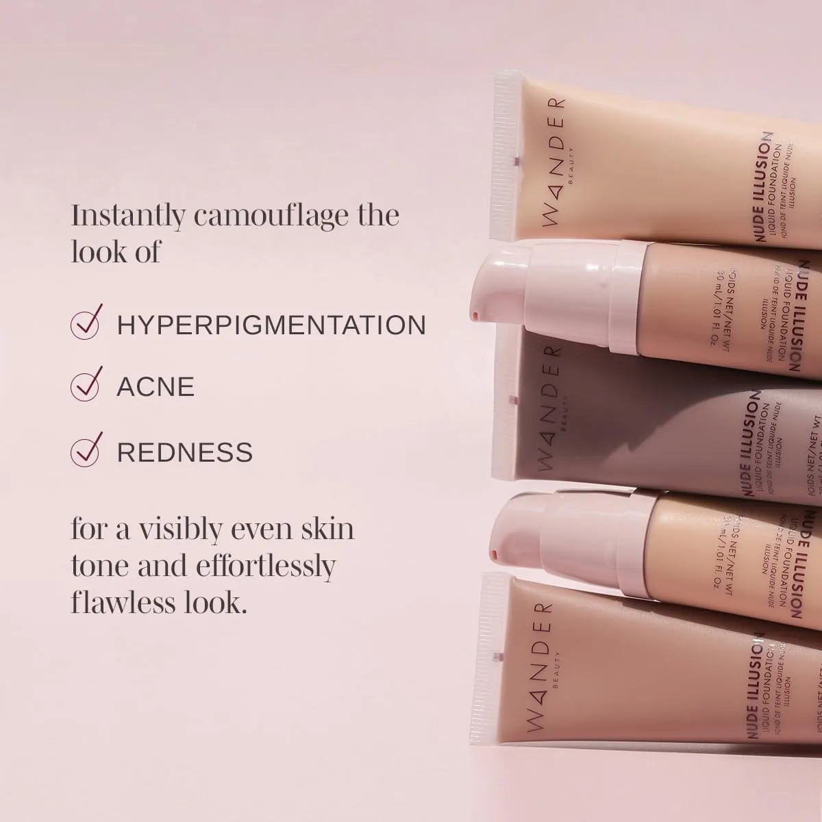 Wander Beauty Nude Illusion Liquid Foundation - Fair Light - Medium to Full Coverage Foundation - Natural Makeup with Vitamin E & Macadamia - Nude Skin Finish Blurs & Conceals - 1.01 fl oz