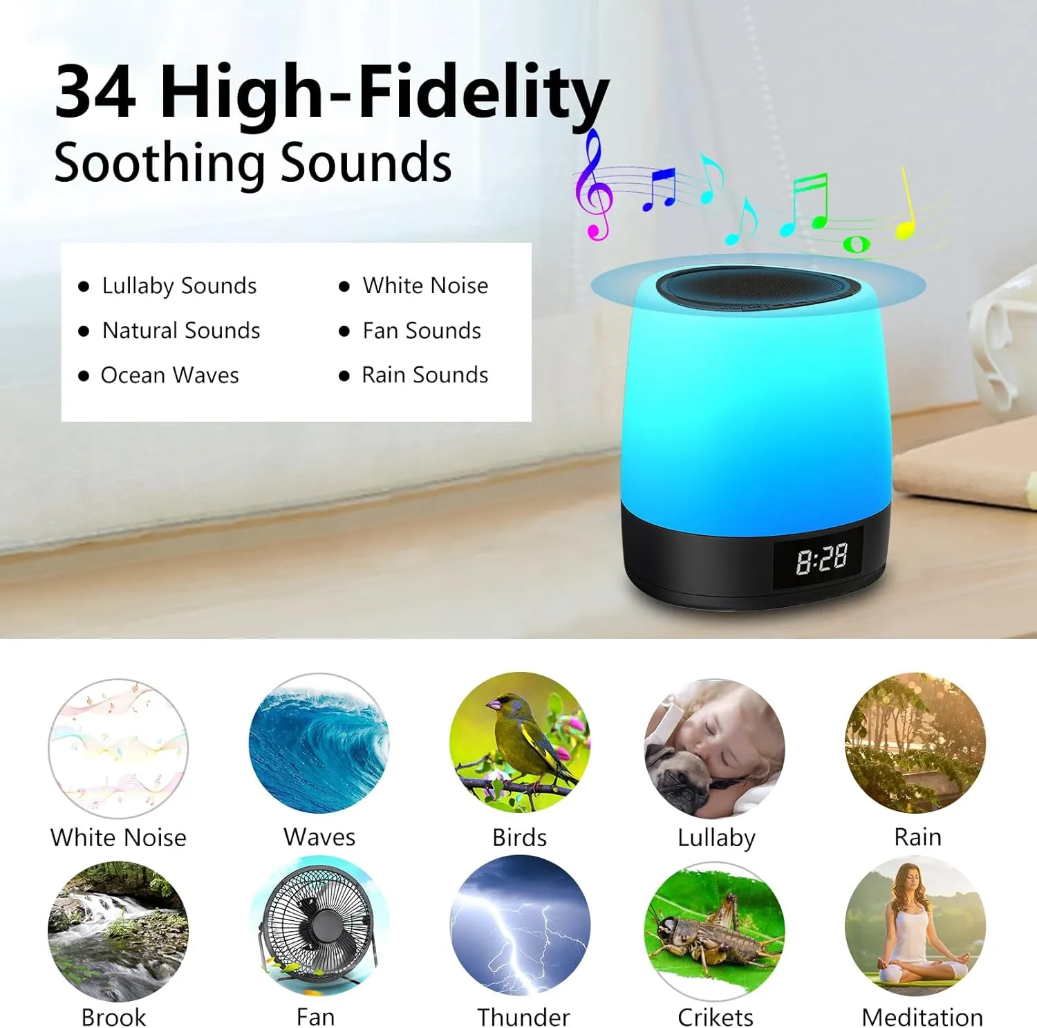 White Noise Sound Machine with 34 Sleep Sounds 8 Colors Night Light, Battery Powered Integrated Alarm Clock Bluetooth Function Sleep Timer, White Noise Machine for Sleeping Adults Baby Black