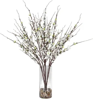 White Spring Blossom Branches Faux Floral Vase | Buds Stones Open Light