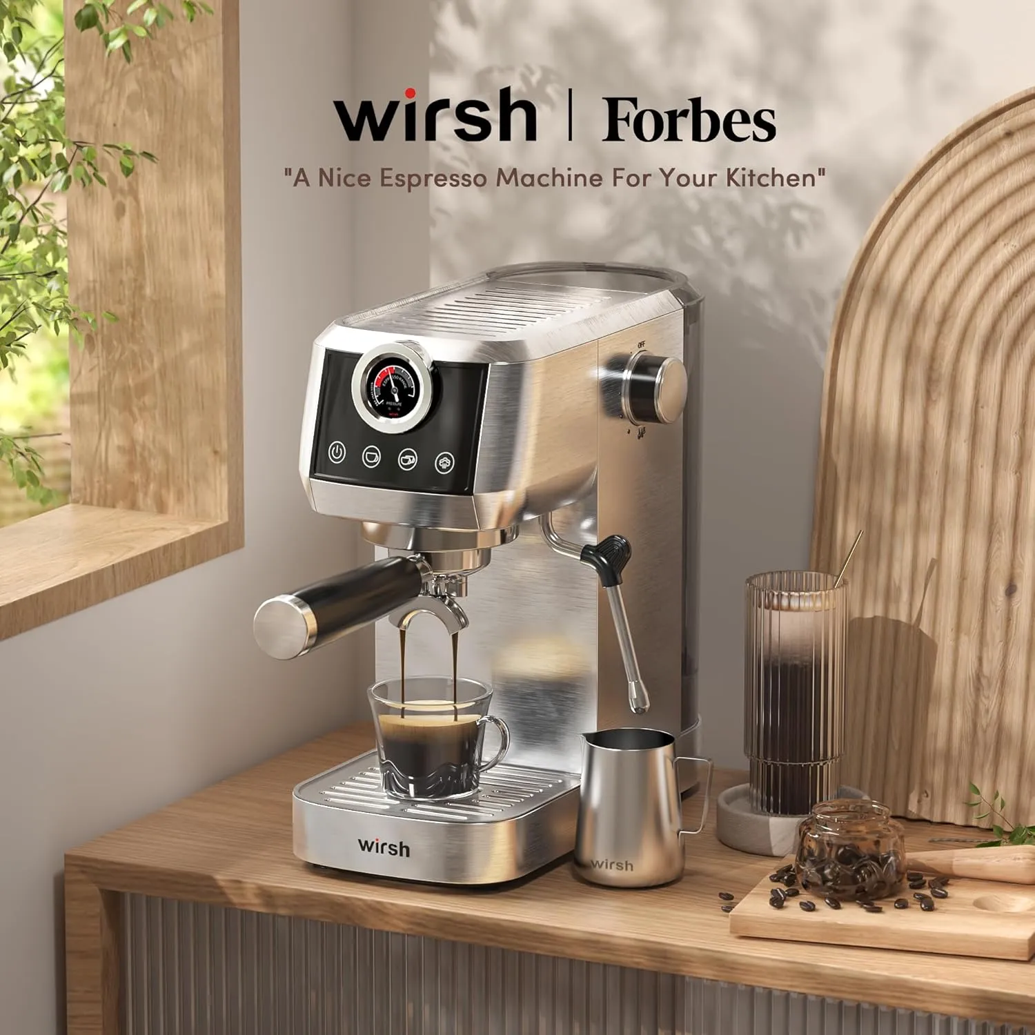 wirsh Espresso Machine,20 Bar Semi-Automatic Espresso Maker with Pressure Gauge, Steam Wand, Stainless Steel Expresso Coffee Machine for Espresso/Latte/Cappuccino, Touch Screen,Home Barista Plus