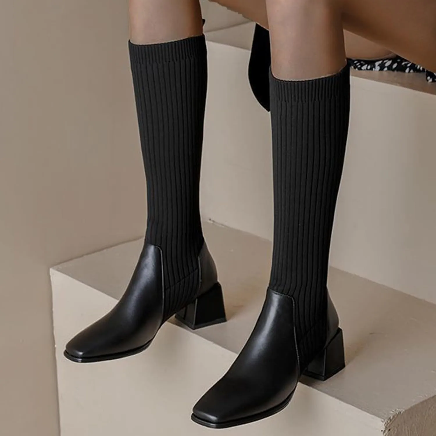 Women Mid Calf Boots Autumn And Winter Fashion Stretch Knitted Leather Stitching Pure Color Comfortable Square Toe Square Heel Rain Booth Woman