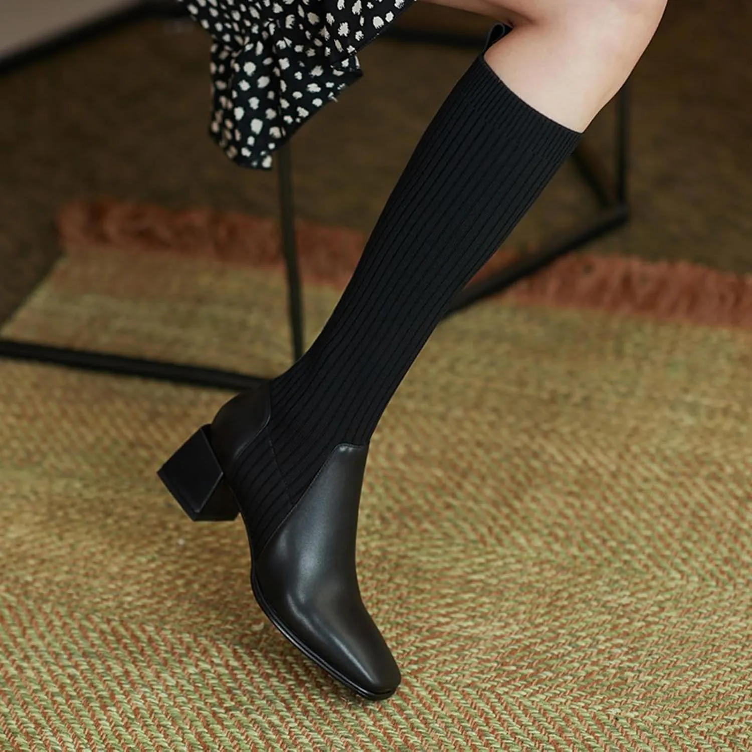 Women Mid Calf Boots Autumn And Winter Fashion Stretch Knitted Leather Stitching Pure Color Comfortable Square Toe Square Heel Rain Booth Woman