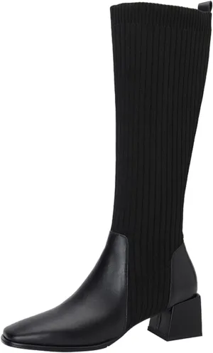 Women Mid Calf Boots Autumn And Winter Fashion Stretch Knitted Leather Stitching Pure Color Comfortable Square Toe Square Heel Rain Booth Woman