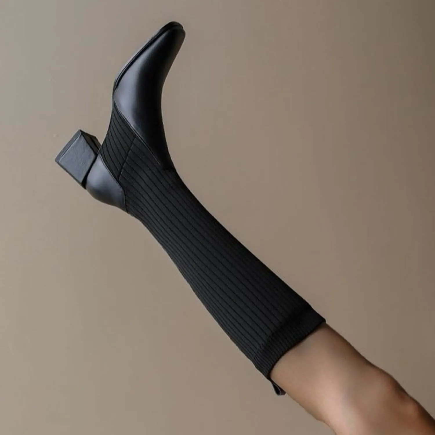 Women Mid Calf Boots Autumn And Winter Fashion Stretch Knitted Leather Stitching Pure Color Comfortable Square Toe Square Heel Rain Booth Woman