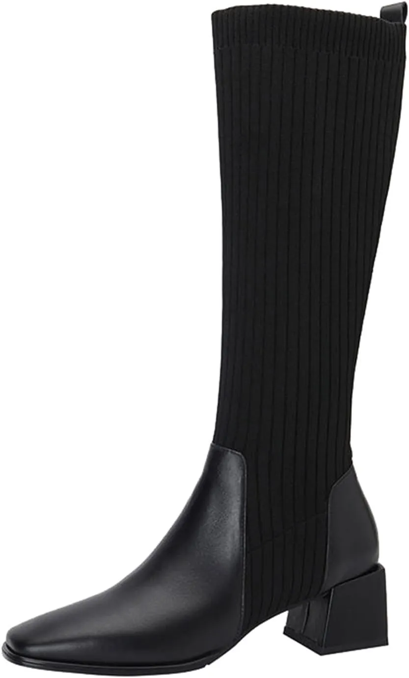 Women Mid Calf Boots Autumn And Winter Fashion Stretch Knitted Leather Stitching Pure Color Comfortable Square Toe Square Heel Rain Booth Woman