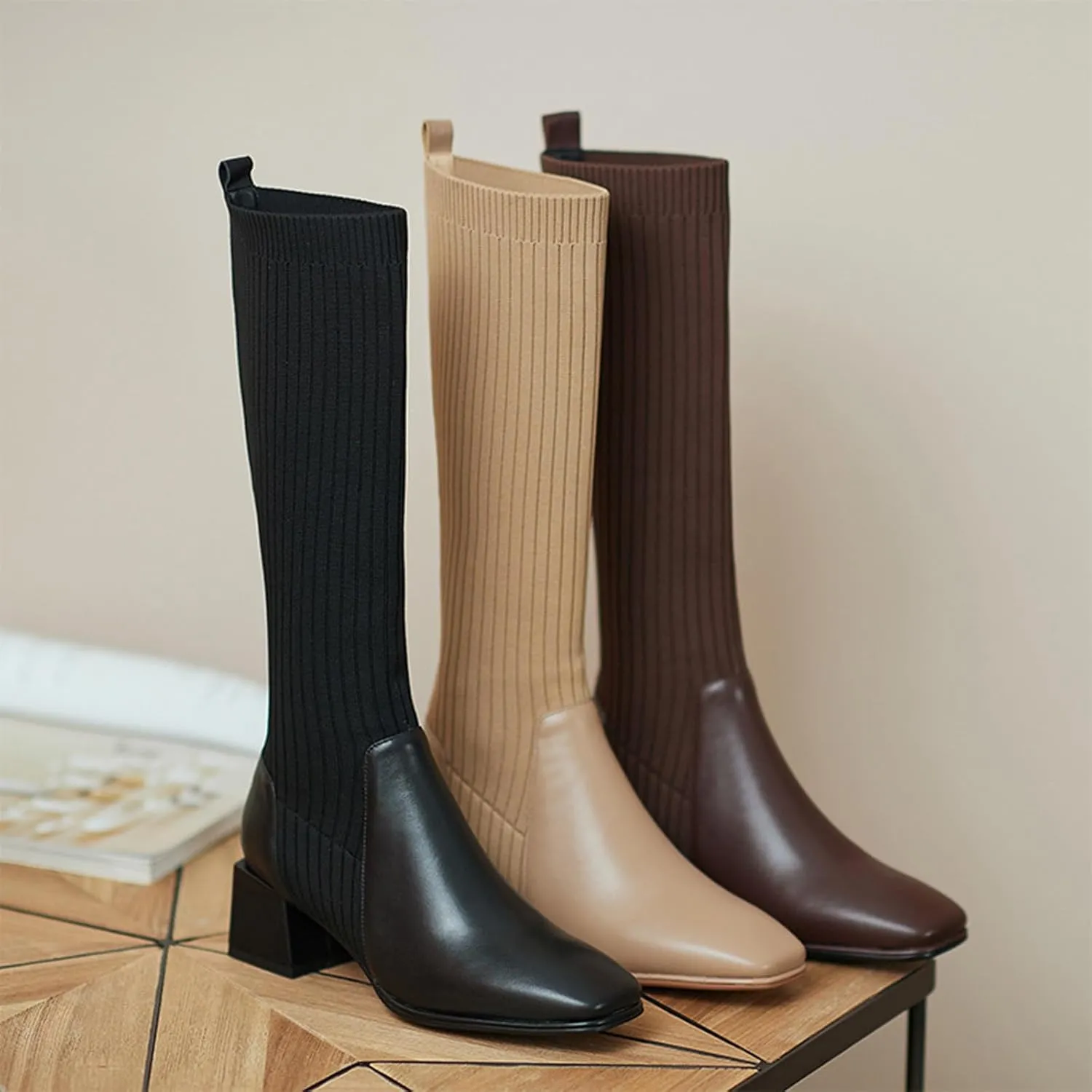 Women Mid Calf Boots Autumn And Winter Fashion Stretch Knitted Leather Stitching Pure Color Comfortable Square Toe Square Heel Rain Booth Woman