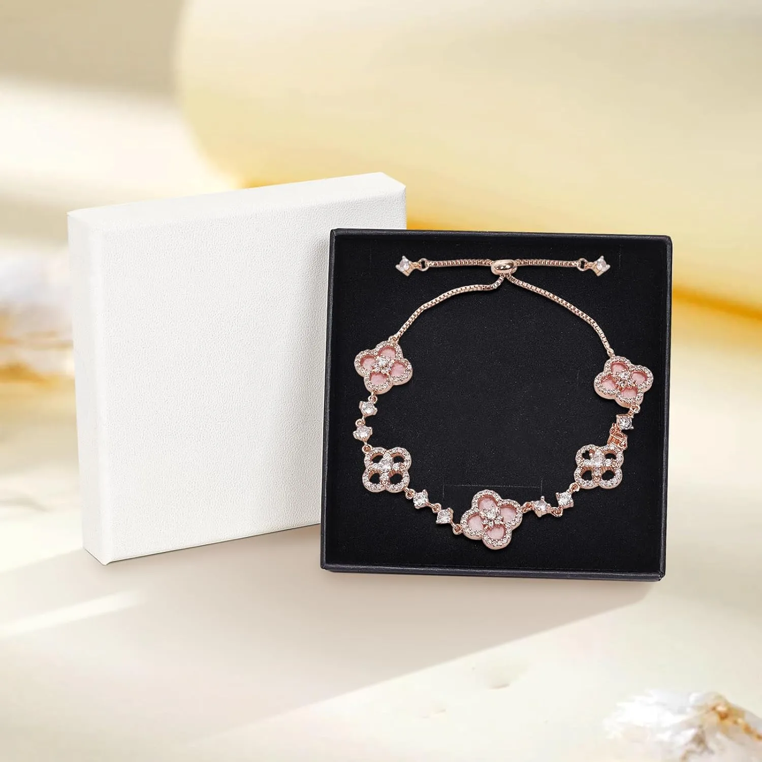 Women's 18K Gold Plated Clover Bracelet with Natural Shell - Four Leaf Lucky Charm Dainty Link Bracelets Jewelry for Women, Trendy Birthday/Mother's Day Gift