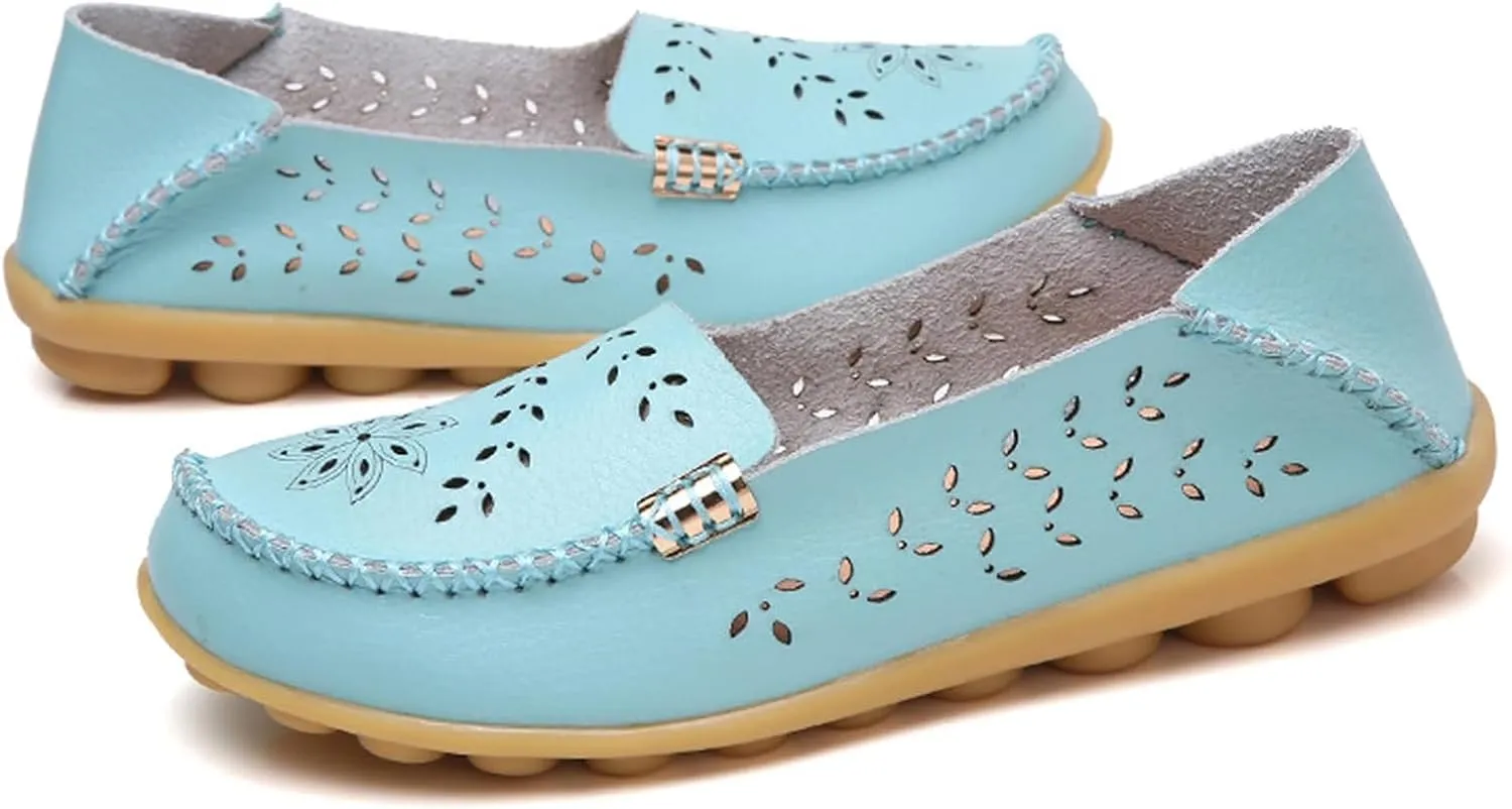 Womens Boat Shoes Casual Breathable Loafers for Walking Slip On Nurse Shoes Comfortable Flat Sandals Hollow Out Faux Leather Summer Shoe for All Day Wear