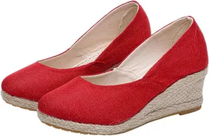Women's Closed Toe Espadrilles Wedge Sandals Round Slip On Comfy Platform Pumps Shoes Solid Color Pointed Comfortable Espadrille Wedges Canvas Wide Width Sandal Dressy Casual Summer