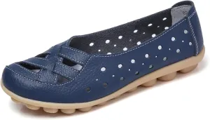 Women's Comfortable Leather Loafers Slip On Walking Flats Casual Round Toe Moccasins Wild Nurse Orthopedic in Hollow Sandals Summer Slip-On 2025 Driving Breathable Fashion Soft Shoes