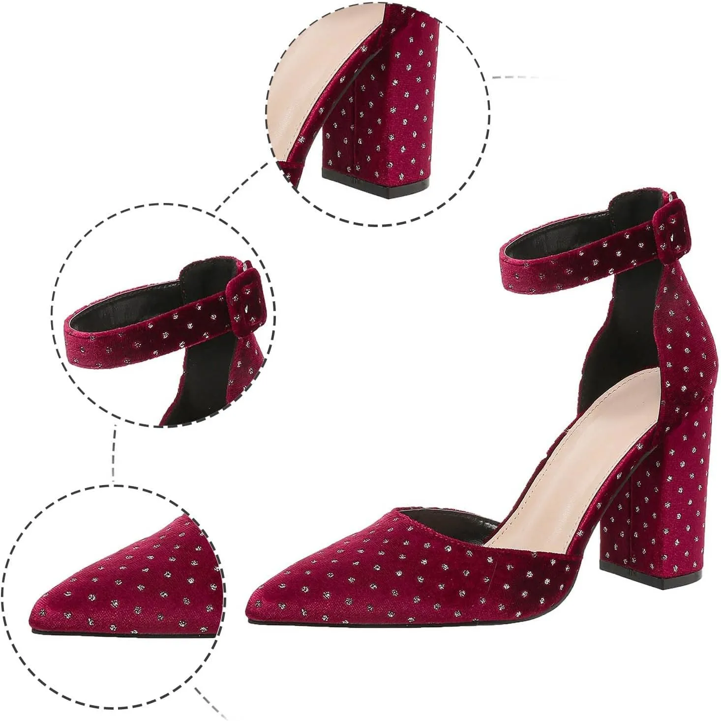 Women's Elegant Pointed Toe High Heels with Ankle Strap Buckle for Party Wedding Dress Shoes 9cm Chunky Block