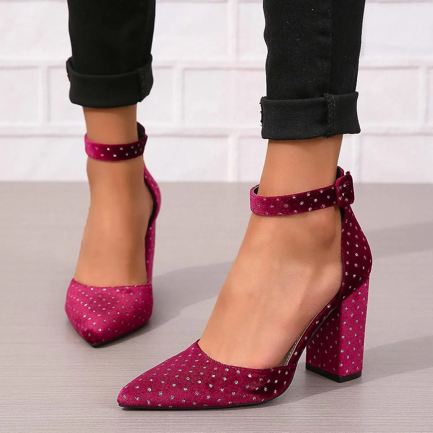 Women's Elegant Pointed Toe High Heels with Ankle Strap Buckle for Party Wedding Dress Shoes 9cm Chunky Block