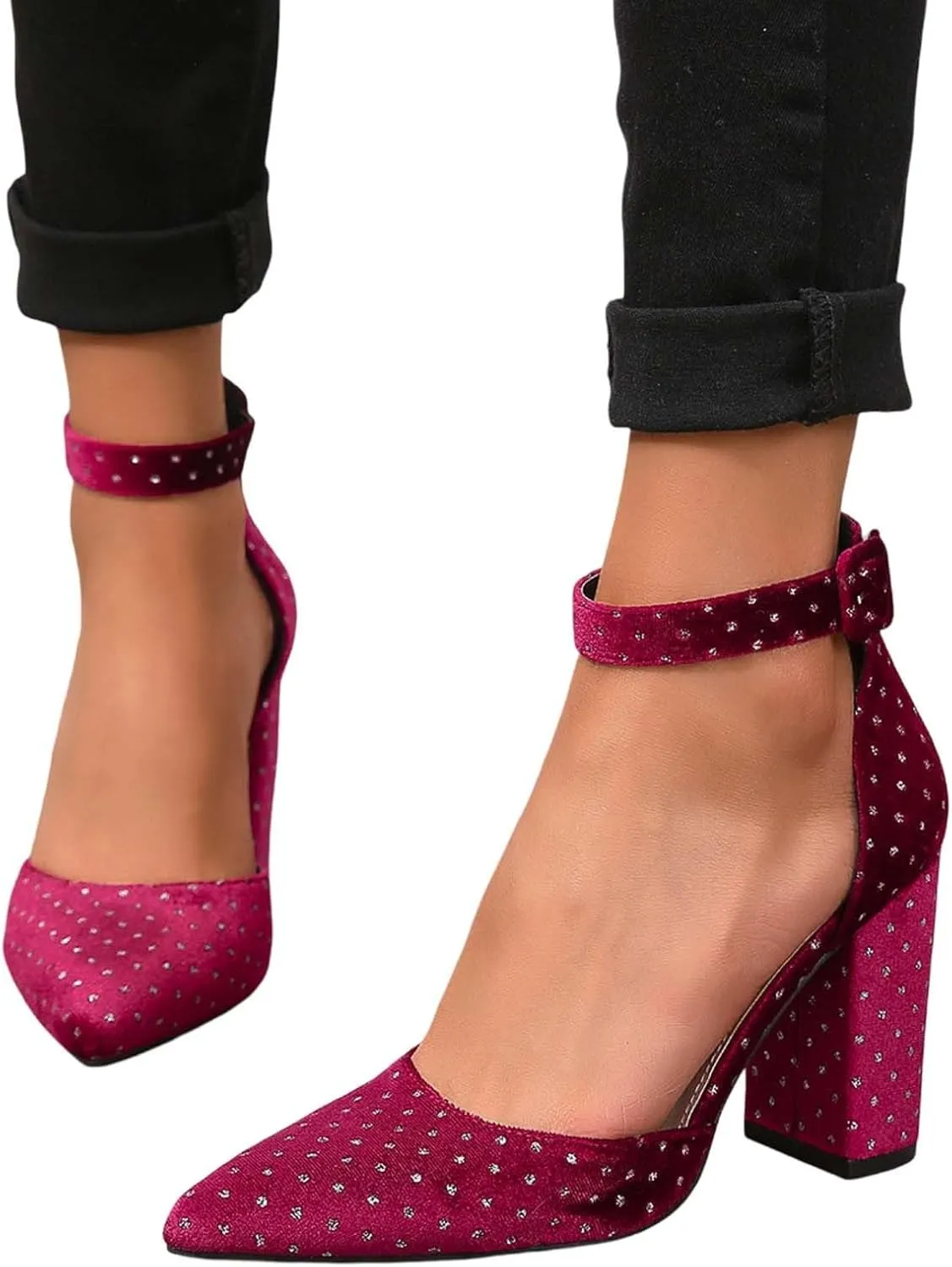 Women's Elegant Pointed Toe High Heels with Ankle Strap Buckle for Party Wedding Dress Shoes 9cm Chunky Block
