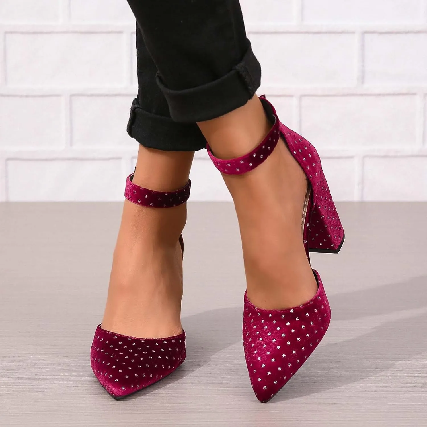 Women's Elegant Pointed Toe High Heels with Ankle Strap Buckle for Party Wedding Dress Shoes 9cm Chunky Block
