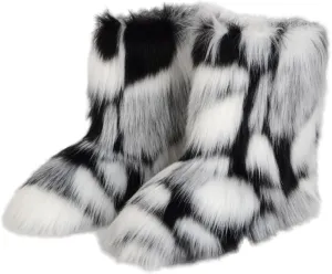 Women's Faux Fur Boot Furry Fluffy Round Toe Suede Winter Comfy Plush Warm Short Outdoor Indoor Flat Shoes Mid-Calf Boots Fashion Furry Booties Comfortable Winter Shoes