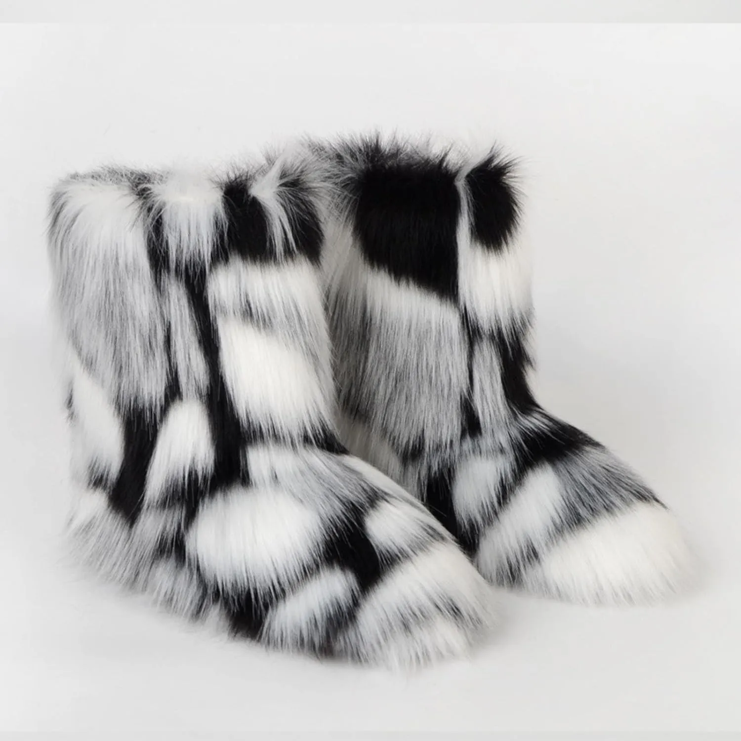Women's Faux Fur Boot Furry Fluffy Round Toe Suede Winter Comfy Plush Warm Short Outdoor Indoor Flat Shoes Mid-Calf Boots Fashion Furry Booties Comfortable Winter Shoes