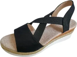 Women's High Elastic Cross Sandal Thick Strappy Open Toe Shoe Stretch Platform Flat Solid Braided Flats