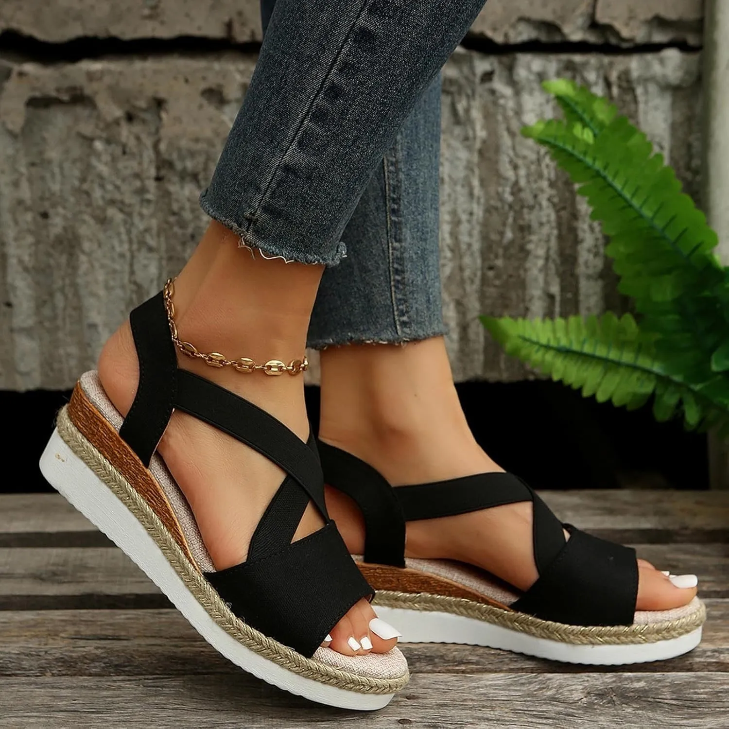 Women's High Elastic Cross Sandal Thick Strappy Open Toe Shoe Stretch Platform Flat Solid Braided Flats