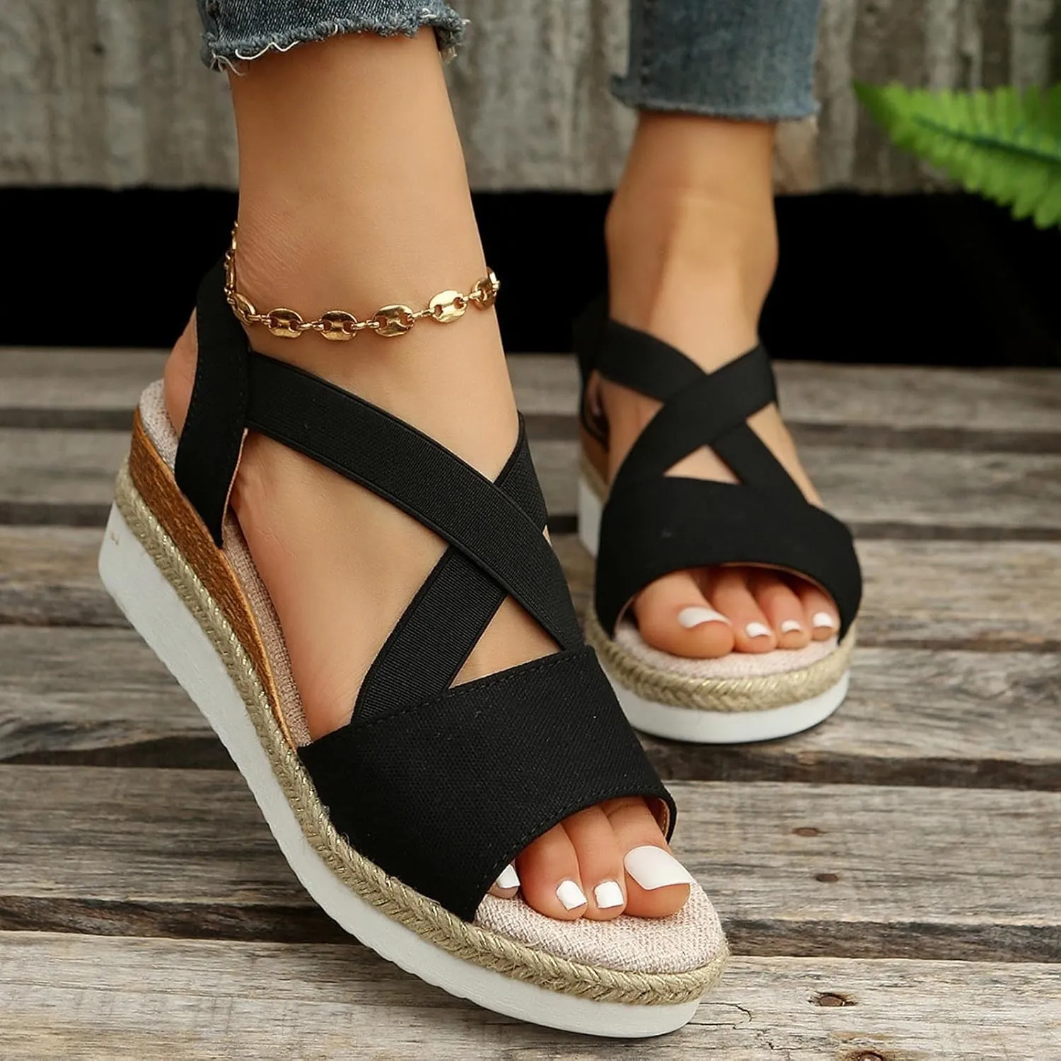 Women's High Elastic Cross Sandal Thick Strappy Open Toe Shoe Stretch Platform Flat Solid Braided Flats